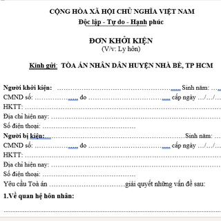 mẫu đơn ly hôn đơn phương Tòa án quận Nhà Bè, TP HCM + bản hướng dẫn viết đơn ly hôn, hồ sơ ly hôn.