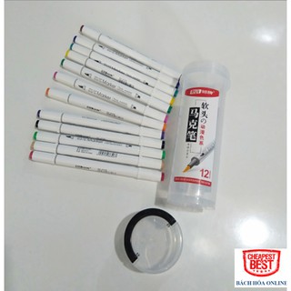 Bút Màu Marker, Highlighter, Viết Calligraphy 12 Màu RUI Baoke 6728-12, 2 Đầu Dẹt To và Tròn Nhỏ