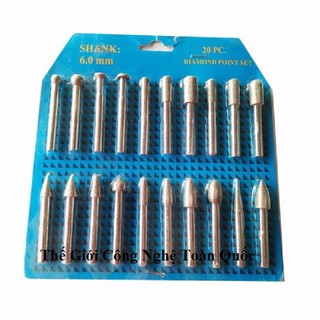 Bộ mũi mài,roa nhẵn hợp kim cao cấp 20 món chân 6mm