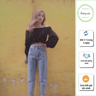 Quần bò nữ dáng baggy trơn cạp cao tôn dáng, quần jean bagyy chất bò màu xanh dày dặn