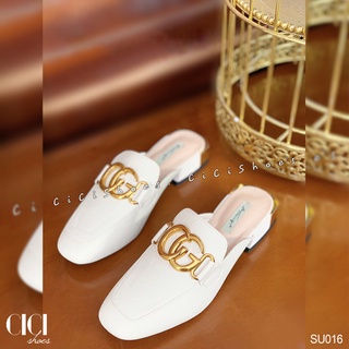 Giày sục nữ CiCi Shoes gót vuông kim loại 1cm, dép sục da mũi vuông khoá đồng - SU016