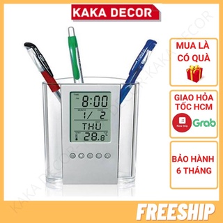 Khay đựng bút có đo nhiệt độ phòng, đồng hồ, lịch kỹ thuật số, để bàn, hộp đựng bút đa năng - hộp trong suốt