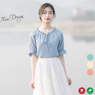 Áo sơ mi nữ cổ bèo tay lỡ Xuu, phong cách tiểu thư vải tăm thái SP10