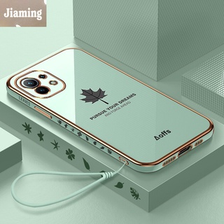 Ốp Điện Thoại Mạ Điện Họa Tiết Lá Phong Sang Trọng Kèm Dây Đeo Cho Xiaomi 11 Lite 11 Pro 11 Ultra