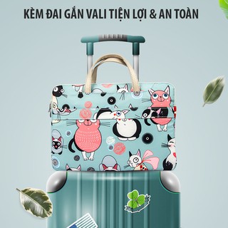 Túi xách chống sốc Laptop họa tiết Cartoon quai cầm bằng da, quai đeo kèm đai gắn Vali tiện lợi