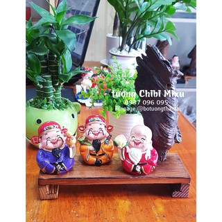 Bộ tượng Tam Đa 7.5cm mẫu BNGL kèm chân đế gỗ tự nhiên y hình