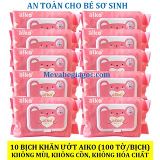 (Hàng VN Chất Lượng Cao) COMBO 10 Bịch Khăn ướt Aiko không mùi an toàn cho Bé Sơ Sinh (100 tờ/Bịch) (Màu hồng)