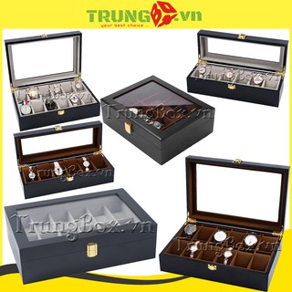Hộp Đựng Đồng Hồ Nhiều Ngăn Vỏ Gỗ Sơn Mài Đen, Nội Thất Bọc Nhung Cao Cấp