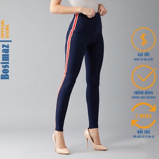 Quần Legging Nữ Bosimaz MS227 dài túi sau màu xanh navy sọc đỏ cao cấp, thun co giãn 4 chiều, vải đẹp dày, thoáng mát.
