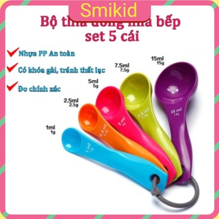 Bộ thìa đong nhà bếp 5 món bằng nhựa an toàn, bộ muỗng đong 5 cái định lượng chính xác