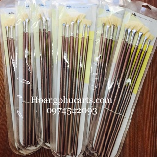 Bộ bút đầu xoè 6 cây lông lợn cứng- cán nâu/ xanh ngẫu nhiên