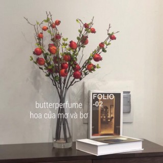 Cành Quả Lựu Giả Merber (Mơ &amp; Bơ) Loại 5/6/9 Quả Màu Đỏ/Cam Có Hoa - Cành Khô Decor Trang Trí Trong Nhà,Phòng Khách