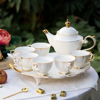 Bộ ấm chén, set trà trắng vàng có khay lớn, chất liệu sứ xương cao cấp, có hộp, sang trọng, đăng cấp hoàng gia