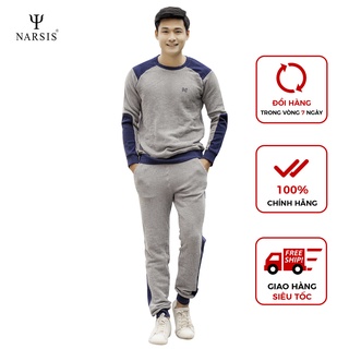 [Mã BMBAU50 giảm 7% tối đa 50K đơn 99K] Bộ thu đông nam E7023 Narsis chất liệu cotton len màu ghi phối xanh