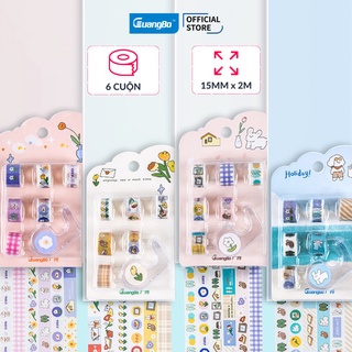 Bộ 6 cuộn băng dính Washi tape kèm cắt băng GuangBo H97043