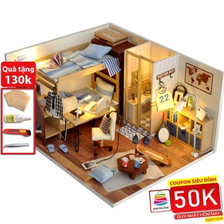 Mô hình nhà búp bê lắp ghép bằng gỗ Mẫu Căn gác nhỏ tặng kèm dụng cụ lắp ghép, keo silicon, Mica chắn bụi