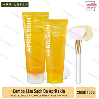 Combo Làm Sạch Da APRILSKIN (Real Calendula Peel Off Pack 100g + Foam Cleanser 200g) + Tặng Kèm Cọ Real Jelly Brush