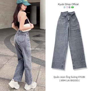 Quần jean nữ  lưng cao dáng suông Ulzzang (Có Bigsize) - Quần jeans ống rộng suông cạp cao KYUBI BIGOES