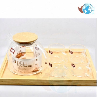 Bộ ấm trà và 4 ly thủy tinh chịu nhiệt cao kèm khay gỗ- Bộ ấm trà 4 ly thủy tinh cao cấp - GPH20/L6