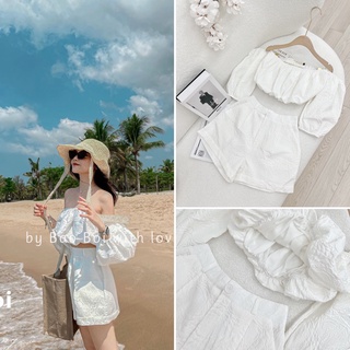 Set bộ đũi xốp hoa nổi trễ vai đi biển đồ bộ nữ cao cấp HN10257