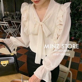 Sơ mi nhún vai bèo đính ngọc #2206 (2 màu)