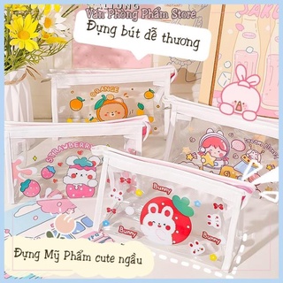 Túi đựng bút mỹ phẩm trong suốt họa tiết hoạt hình cute phong cách học sinh Hàn Quốc