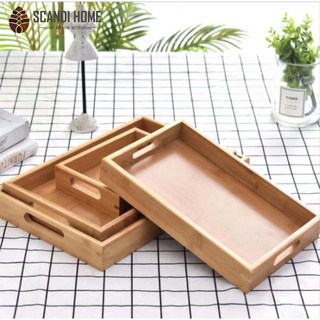 Khay Gỗ Sồi Chữ Nhật Scandi Home Có Tay Cầm Cạnh Vuông Đựng Đồ Ăn Cao Cấp
