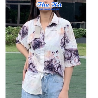 Áo sơ mi nữ form rộng tay lỡ Thu Hà sơ mi kiểu chất liệu đũi trơn mịn mát, họa tiết Anh Em - Xe Đạp