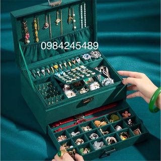 Hộp đựng trang sức cao cấp bọc da PU 3 tầng có khoá có gương