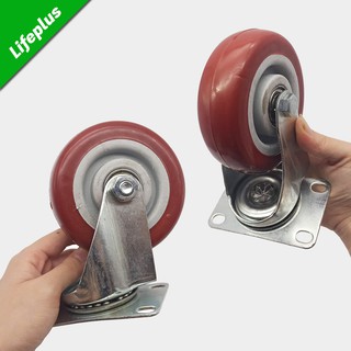 Bánh xe đẩy mặt đế xoay càng sắt mạ kền tải trọng 55kg lốp nhựa TPR đỏ mận rộng 32mm Φ100mm