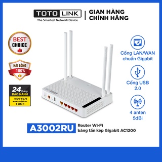 TOTOLINK A3002RU - Router Wi-Fi băng tần kép Gigabit chuẩn AC 1200Mbps  wifi chơi game - Hãng phân phối chính thức