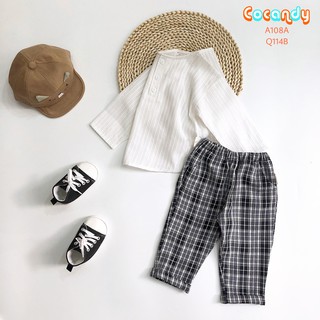 Áo sơ mi trắng dài tay, quần baggy caro cao cấp cho bé