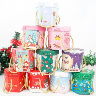 Set 10 Hộp Đựng Quà Noel In Hoạ Tiết Giáng Sinh Dáng Lục Giác Có Dây Xách Nhiều Mẫu M3526