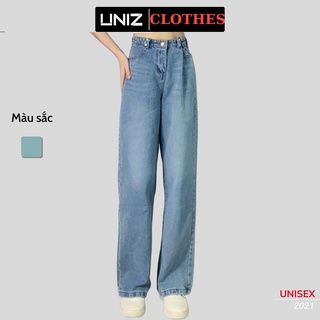 Quần Jean Suông Trơn UNIZ (Màu Xanh), Jeanmoccai  Unisex, Dáng Dài, Cạp Cao, Móc Cài, Ống Suông Và Rộng, Vải Jean m