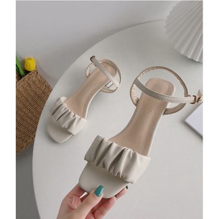 Sandal cao gót nữ quai da nhún, đế vuông cao 5cm, 2 màu Trắng + Đen phong cách Hàn Quốc  cực xinh - Mã S56