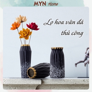 Lọ hoa gốm vân đá men mờ trang trí nhà đen mạ vàng MYN Home Decor
