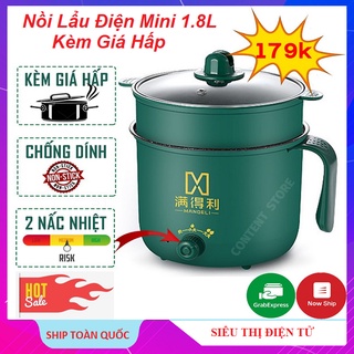 Nồi Nấu Lẩu Điện Đa Năng Mini 1.8L, Kèm Giá Hấp, Ca Nấu Mỳ - Nồi Lẩu Đa Năng 2 Nấc Nhiệt - Mẫu Mới 2021 BH 6 Tháng