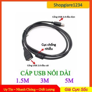 Cáp USB Nối Dài 1.5M/ 3M/ 5M Chống Nhiễu - Cổng USB 2.0 - Màu đen - Full Box, Bảo hành 1 Tháng