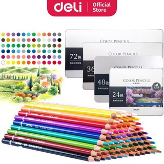 Bút Chì Gỗ Cao Cấp 24 Màu, 36 Màu, 48 Màu, 72 Màu Hộp Sắt - Deli