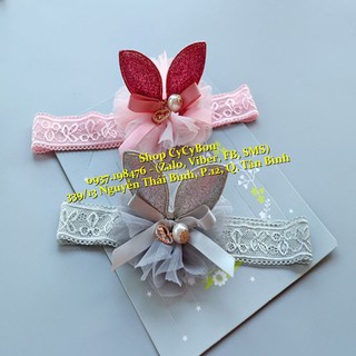 Băng Đô Turban Cho Bé Ren Tai Thỏ Phủ Kim Tuyến Nơ