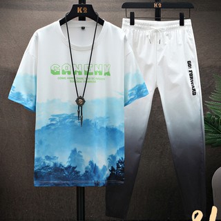 Set Bộ Đồ Loang Màu Nam Áo Thun Ngắn Tay In Hình Phong Cảnh Kèm Quần Jogger Thời Trang Zenkonam MEN TOP 222 + QUAN 069