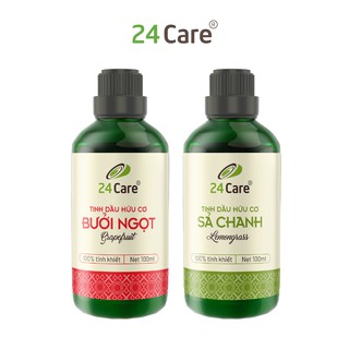 Combo 2 chai tinh dầu thiên nhiên hữu cơ organic 24Care Bưởi Ngọt+Sả chanh 100ml/chai - khử mùi, thơm phòng, dưỡng tóc