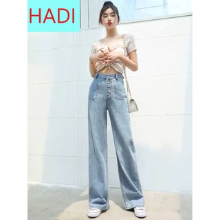 QUẦN JEAN ỐNG RỘNG NỮ LƯNG CAO MÀU XANH NHẠT 4 NÚT 2 TÚI TRƯỚC XÉO LAI CUỐN SIÊU CAO CẤP ĐÁNH BAY TẤT CẢ