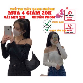 Áo nữ hai dây kiểu bẹt trễ vai tay dài vải thun gân màu trắng đen mịn xịn cưc sang chảnh mẫu mới thời trang nữ