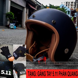 Combo Nón bảo hiểm 3/4 màu đen lót nâu kèm găng tay 5.11 phản quang - Mũ bảo hiểm 3/4 đi phượt bảo hành 12 tháng