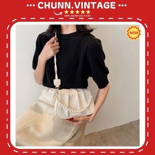 Túi xách nữ sang chảnh đeo vai cho nữ bánh bèo thiết kế nếp gấp và quai gắn ngọc