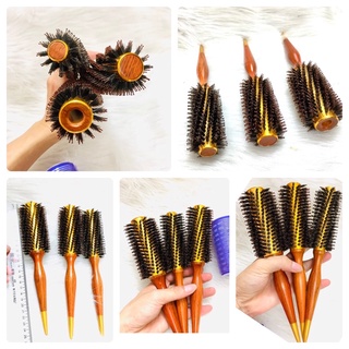 Lược Sấy Tóc Xoăn Tráng Nhôm Aluminum Cán Gỗ Round Comb 3 size