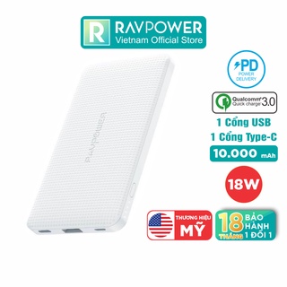 Pin Sạc Dự Phòng RAVPower 10000mAh Sạc Nhanh PD 18W Type-C, Qualcom QC 3.0 RP-PB094-G - Hàng Chính Hãng