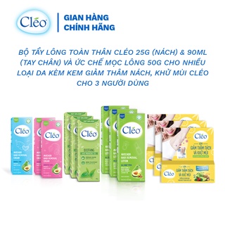 Bộ 3 Kem tẩy lông toàn thân 25g &amp; 3 lotion tẩy lông 90ml và 3 Gel dịu da 50g kèm 3 kem giảm thâm nách, khử mùi Cleo 35g