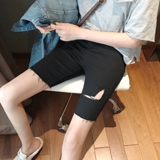 [Size Đại] Quần Ngố JEANS Big Size SIÊU CO GIÃN - Lưng Cao - Rách L Ngược Đùi Phải